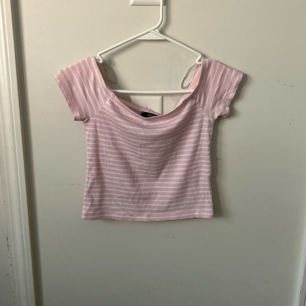 Forever 21 Pink with white stripes off the shoulder top